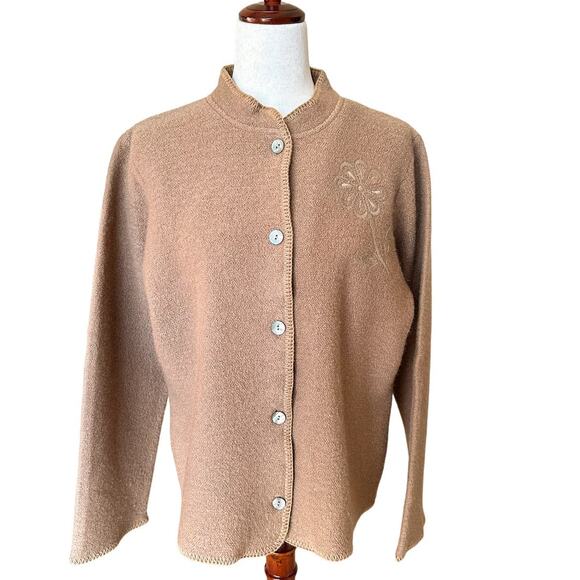 Womens Jacket Cardigan Size Large Brown Wool Chunky Button Floral Embroidery - Picture 1 of 10